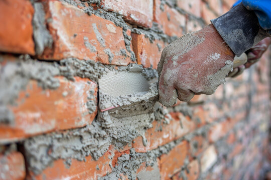 A detailed image of a home repair, showcasing a mason applying mortar on bricks with a trowel.