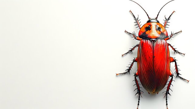 Colorful red cockroach depicted on a plain white background. Vibrant pest against a minimalist backdrop. Concept of household pests, insect identification, and extermination. Banner. Copy space