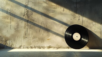 Single vintage vinyl record leaning against a white textured wall, with light and shadow. Vinyl LP. Analog music. Minimalist design. Banner with copy space. Retro music concept
