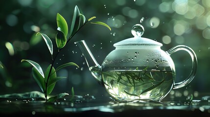 the tranquil process of tea leaves steeping in a glass teapot, with AI emphasizing the aromatic release - obrazy, fototapety, plakaty