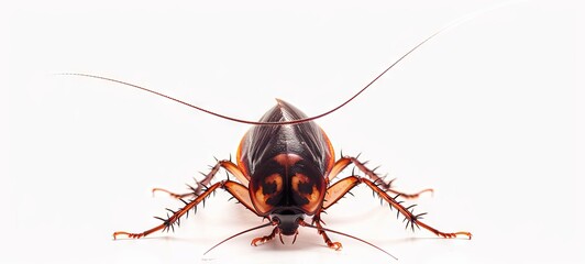 Macro photograph of a cockroach isolated on white. Detailed depiction of a cockroach. Concept of urban pest, insect anatomy, domestic pest problem, and pest extermination solutions.