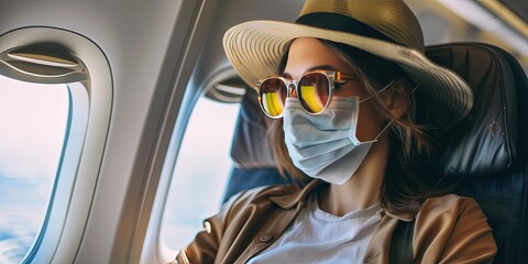 Woman wearing a mask on the airplane while traveling on vacation to help prevent the spread of diseases to immunocompromised people - obrazy, fototapety, plakaty