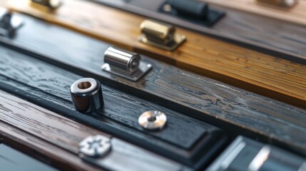 Collection of stylish door handles on dark wooden boards. Diverse designs of modern hardware for interiors. Concept of customization, interior design options, and architectural detail.
