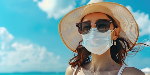 Woman wearing a mask on the beach while traveling on vacation to help prevent the spread of diseases to immunocompromised people - obrazy, fototapety, plakaty