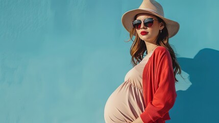 Pregnant woman with a belly bump enjoying life outdoors with loose-fitting and fashionable clothing - obrazy, fototapety, plakaty