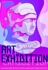Art exhibition poster. Contemporary trendy flyer with famous sculpture in retro acid style. Abstract design for museum or gallery invitation. Groovy Trippy Cover. Cartoon flat vector illustration