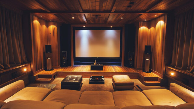 A modern home theater with comfortable reclining chairs, a large projection screen, and surround sound speakers.