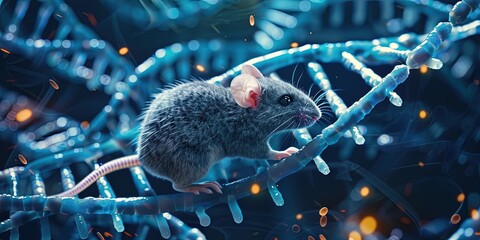 Lab rat on DNA double helix strand - obrazy, fototapety, plakaty