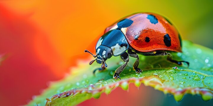 Macro image of a lady bug on a leaf with colorful background