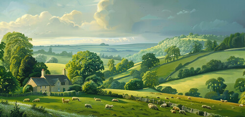 A peaceful English countryside with rolling green hills, charming cottages, and grazing sheep.