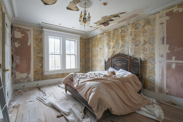 A professional photo of a bedroom undergoing a major renovation.