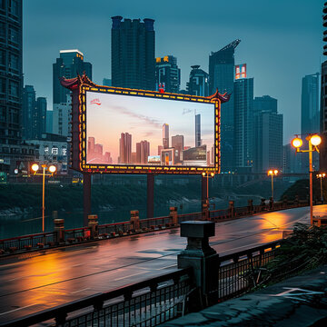 City skyline building and light box billboard in China. Generative 