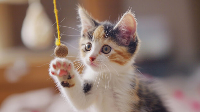 A playful calico kitten batting at a dangling toy, eyes full of excitement.
