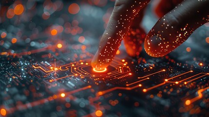 Digitalization Concept: Human Finger Pushes Touch Screen Button and Activates Futuristic Artificial Intelligence. Visualization of Machine Learning, AI, Computer Technology Merge with Humanity