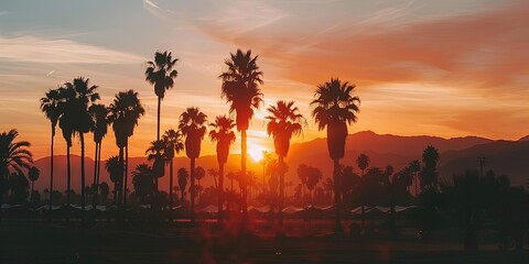 Sunset on palm tree desert in american southwest - obrazy, fototapety, plakaty