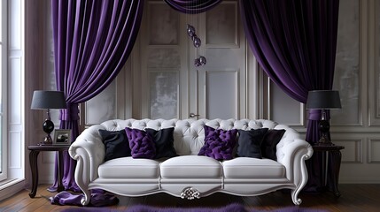 A luxurious white leather sofa with black and purple pillows, surrounded by elegant silver side tables - obrazy, fototapety, plakaty