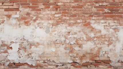 Worn Brick Wall with Weathered White Plaster and Paint Detail