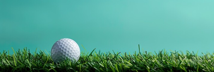 Golf ball on green grass with solid blue background