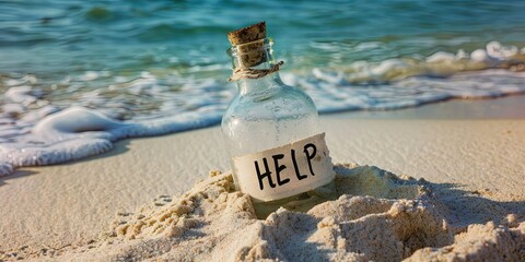 Empty glass bottle on the beach with "help" text on label