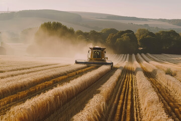Fototapeta premium A farmer driving a combine harvester in a field of barley
