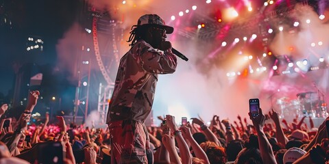Rapper performing on stage at a summer hip-hop festival. Smoke and colorful lights as the emcee spits on the mic - obrazy, fototapety, plakaty
