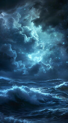 An image depicting the powerful waves of an ocean under a star-filled night sky, exuding a sense of mystery and vastness