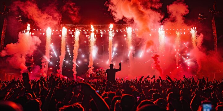 Rapper performing on stage at a summer hip-hop festival. Smoke and colorful lights as the emcee spits on the mic