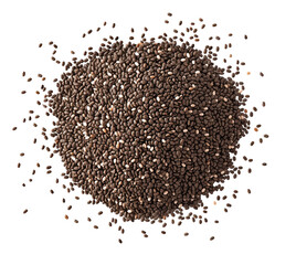 Close-up view of organic chia seeds scattered on a white background, showcasing their natural texture and color.