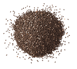 Close-up view of organic chia seeds scattered on a white background, showcasing their natural texture and color.