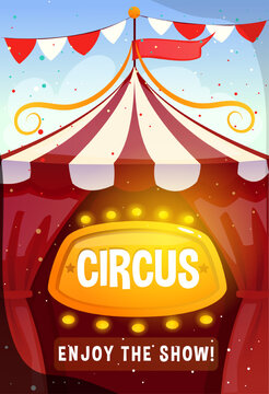 Circus show poster. Invitation to entertainment festival with circus tent, garlands and red curtains. Banner for amusement park or funfair. Carnival ticket design. Cartoon flat vector illustration