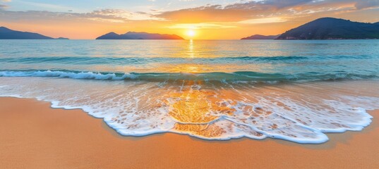 Panoramic ocean beach sunset, colorful sky, white foam waves on island, serene natural background