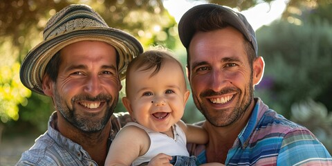 Two Men and a Baby - gay fatherhood with two homosexual men holding their baby outdoors - smiling family photo  - obrazy, fototapety, plakaty