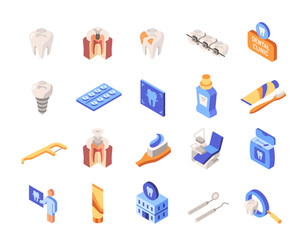 Fototapeta na wymiar Set of colorful dentistry icons. Bright signs with teeth, toothpaste, dental chair, caries, implant and medicines. Website design. Cartoon isometric vector collection isolated on white background