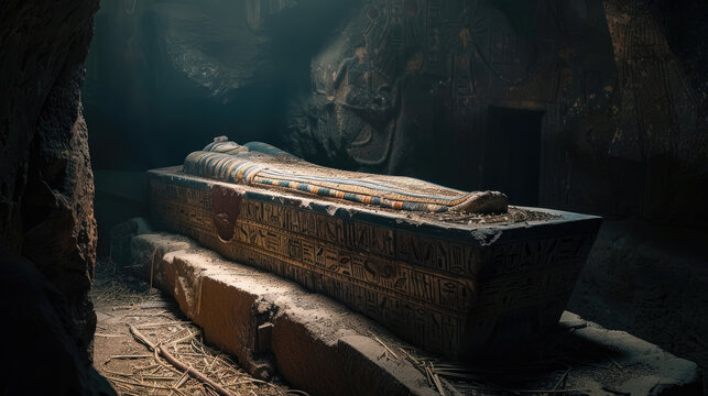 Inside dark tomb in Egypt, stone Ancient Egyptian sarcophagus in underground room. Concept of old mummy, pharaoh, death, antique, grave and king.