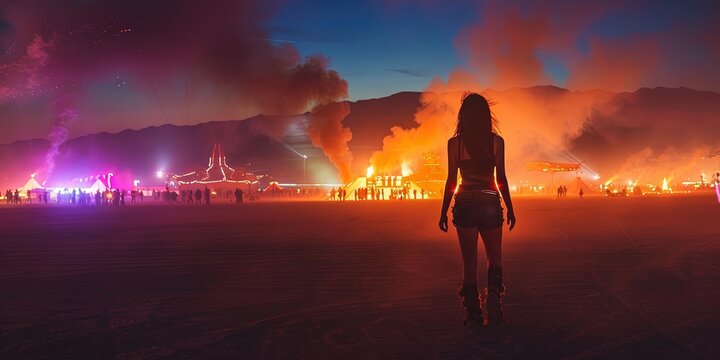 Woman at a summer festival in Blackrock desert celebrating freedom from society
