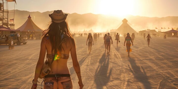 Woman at a summer festival in Blackrock desert celebrating freedom from society
