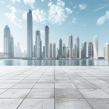Empty square floor and city skyline with modern buildings. Generative AI
