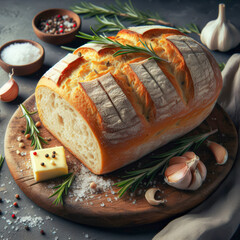 A loaf of fresh homemade bread on the table. Various spices and seasonings with herbs, garlic and cheese decorate the delicious freshly prepared bread.