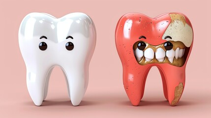This vector design compares dental cleaning and whitening concepts, showcasing the difference between clean and dirty teeth for oral hygiene posters in dentistry.