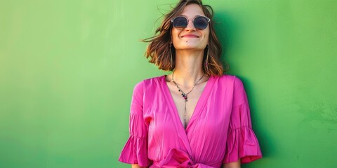 Millennial Woman wearing sunglasses and bright magenta summer fashions on bright solid background - obrazy, fototapety, plakaty