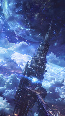 An ethereal space station soars amidst the clouds, framed by distant planets and a sense of aspiration