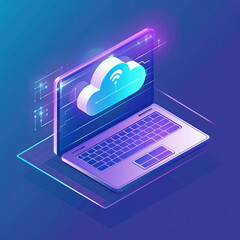 Isometric laptop or notebook with icon or symbol of cloud technology. Progress upload and download data information in cloud storage of corporation network and sharing of data . Generative AI