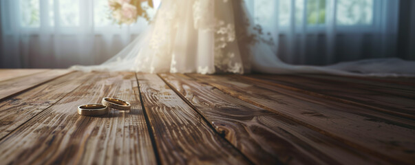 Close-up of wedding bands on a wooden surface with a soft-focus bride in the background