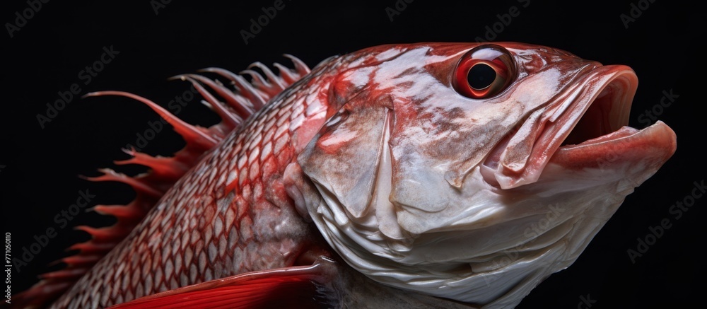 Poster Closeup image of a bony fish with its mouth open, showcasing the intricate details of a rayfinned fish. This wildlife shot highlights the beauty of marine biology and the diversity of fish species