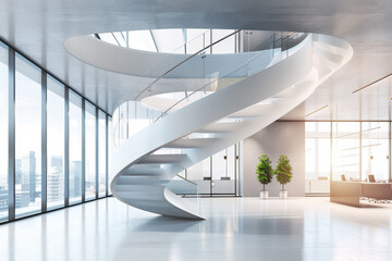An abstract view of a high-end business office, with a sweeping spiral staircase made of glass and...