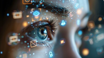 A closeup of an eye with digital icons floating around it, representing the use and capture of data being analyzed in real time - obrazy, fototapety, plakaty