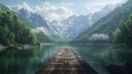 Poster A beautiful landscape of Serene lake view with wooden dock and mountain background. © Penatic Studio