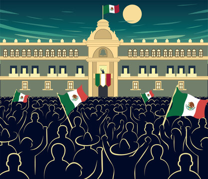 Celebraci&oacute;n Grito de independencia de M&eacute;xico. Z&oacute;calo de la ciudad de M&eacute;xico con siluetas de gente celebrando con banderas del pa&iacute;s.