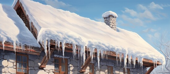 In the winter, the roof of the building is adorned with a layer of snow and icicles, creating a picturesque landscape against the icy blue sky - Powered by Adobe