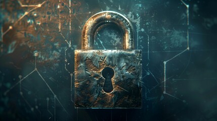 Grunge metal padlock on a blue technology background